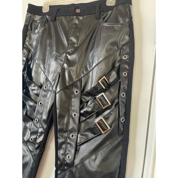 Mens Faux Leather Pants Buckles Hip Hop Leather Trousers 33 - Picture 4 of 6